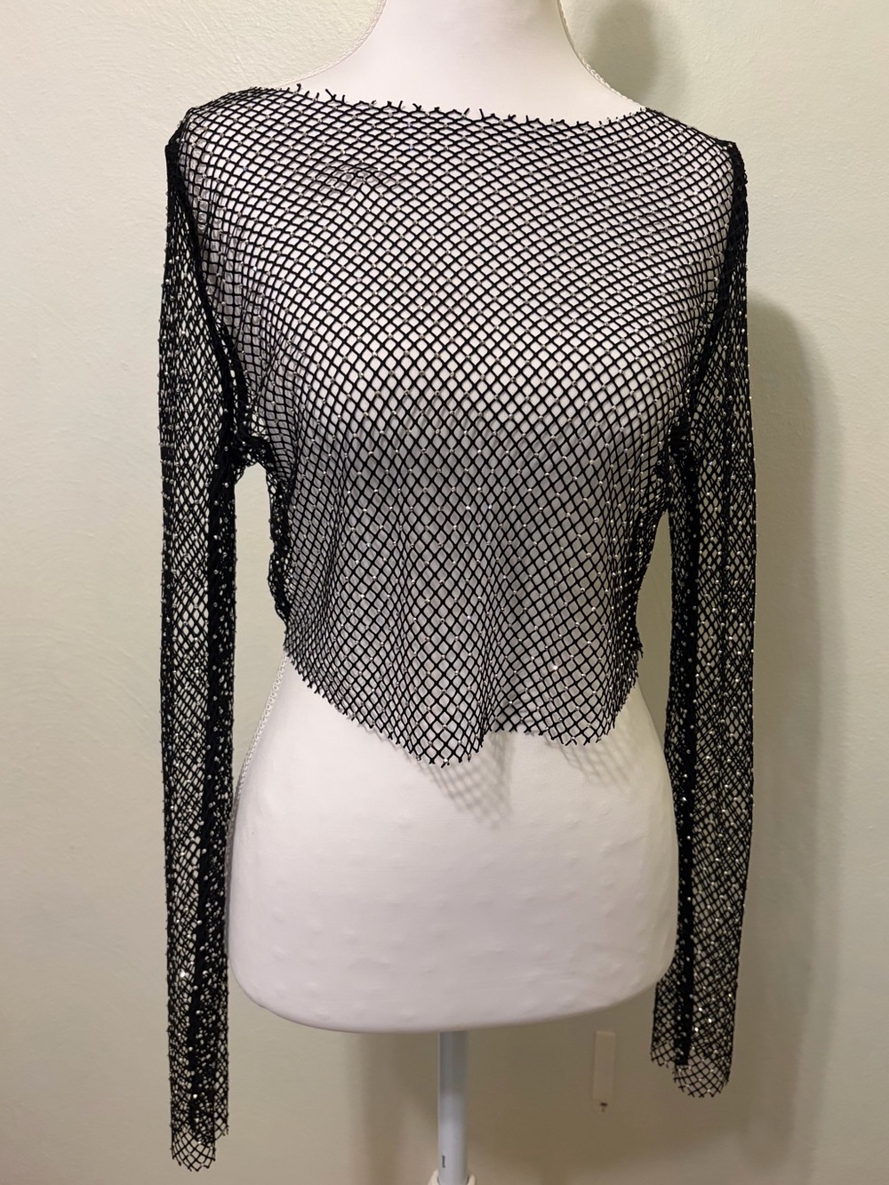 Black Fishnet Long-Sleeve Crop Top